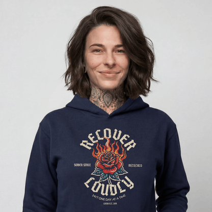 Recover Loudly Women's Custom Sobriety Date Recovery Hoodie packaging detail (view 8)