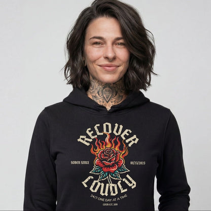 Loosid Recover Loudly Women's Custom Sobriety Date Recovery Hoodie featuring the design