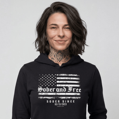 Sober and Free Custom Sobriety Date Recovery Hoodie close-up view (view 2)