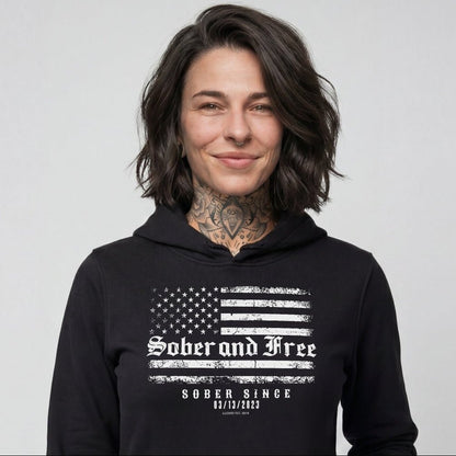 Loosid Sober and Free Custom Sobriety Date Recovery Hoodie featuring the design