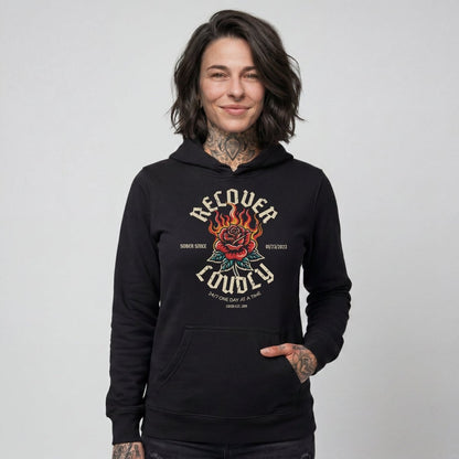 Recover Loudly Women's Custom Sobriety Date Recovery Hoodie side view (view 6)