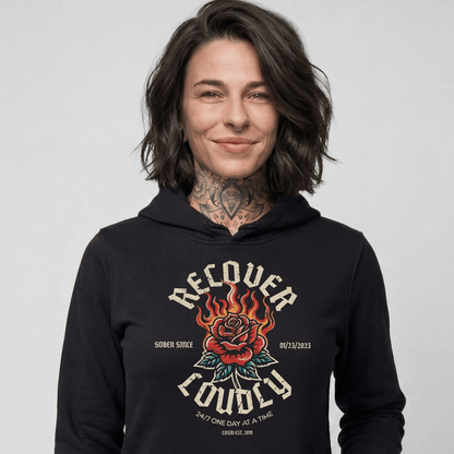 Recover Loudly Women's Custom Sobriety Date Recovery Hoodie close-up view (view 2)