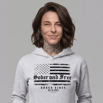 Sober and Free Custom Sobriety Date Recovery Hoodie fit detail (view 19)