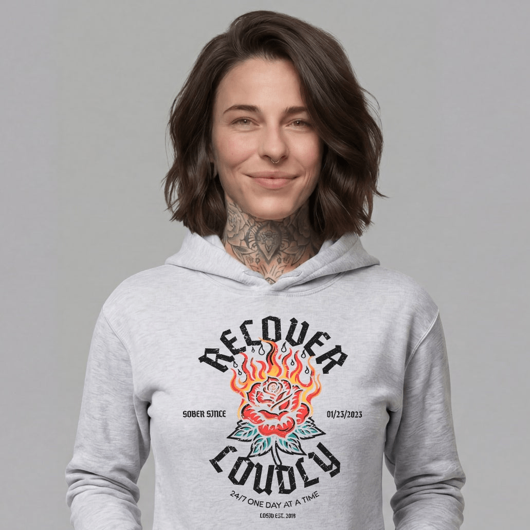 Recover Loudly Women's Custom Sobriety Date Recovery Hoodie packaging detail (view 18)