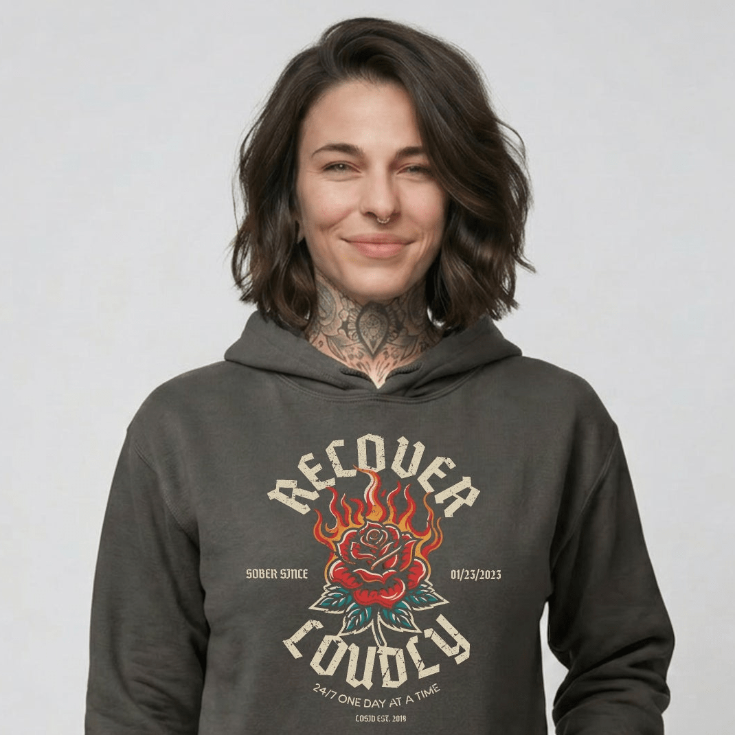 Recover Loudly Women's Custom Sobriety Date Recovery Hoodie flat lay styled image (view 13)