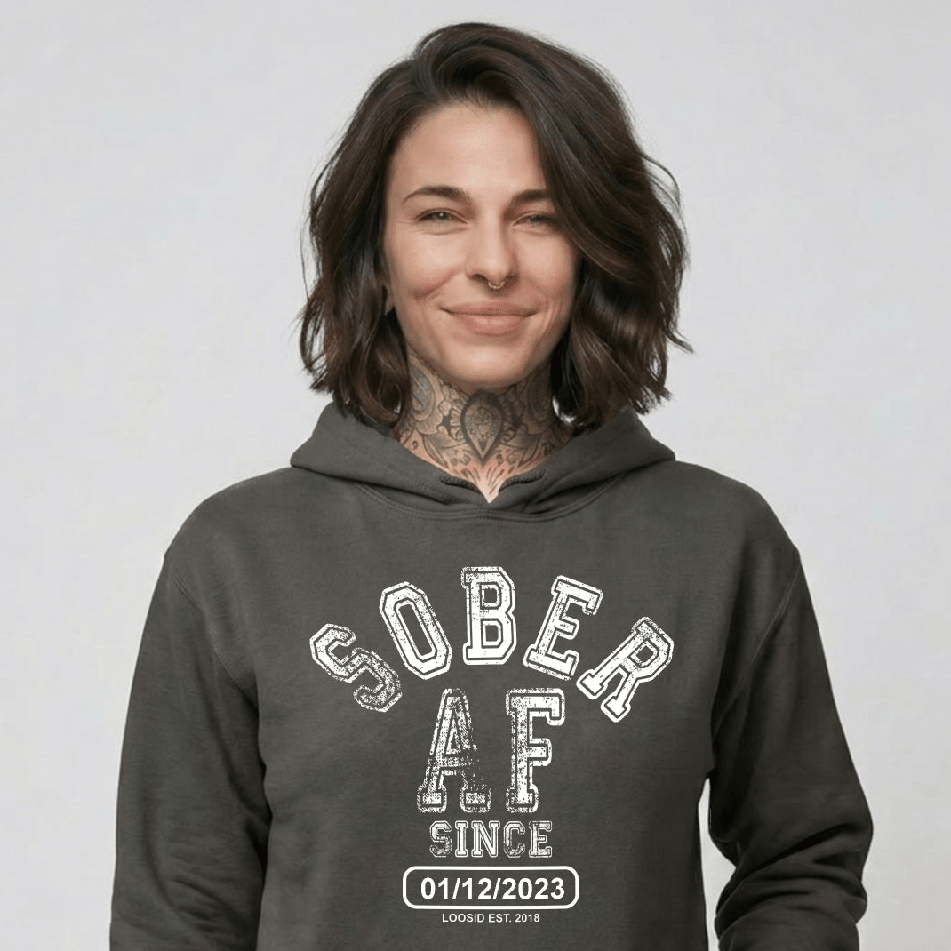 Sober AF Since Recovery Hoodie flat lay styled image (view 13)