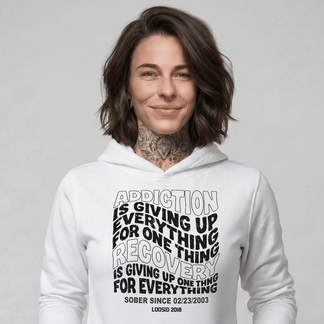 Addiction is Giving up Recovery Hoodie flat lay styled image (view 13)