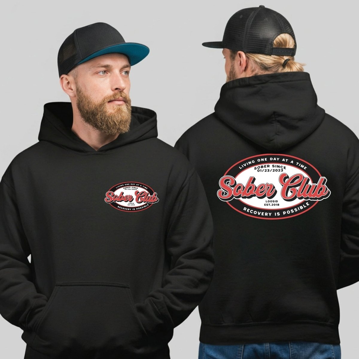 Loosid Sober Club Badge Recovery Hoodie featuring the design