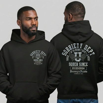 Sobriety Dept Recovery Hoodie close-up view (view 2)