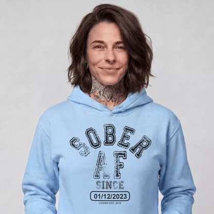 Sober AF Since Recovery Hoodie flat lay styled image (view 43)