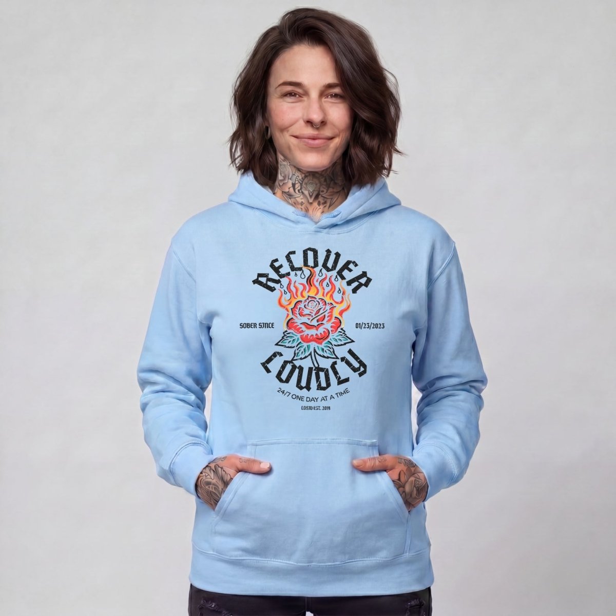 Recover Loudly Women's Custom Sobriety Date Recovery Hoodie fit detail (view 49)