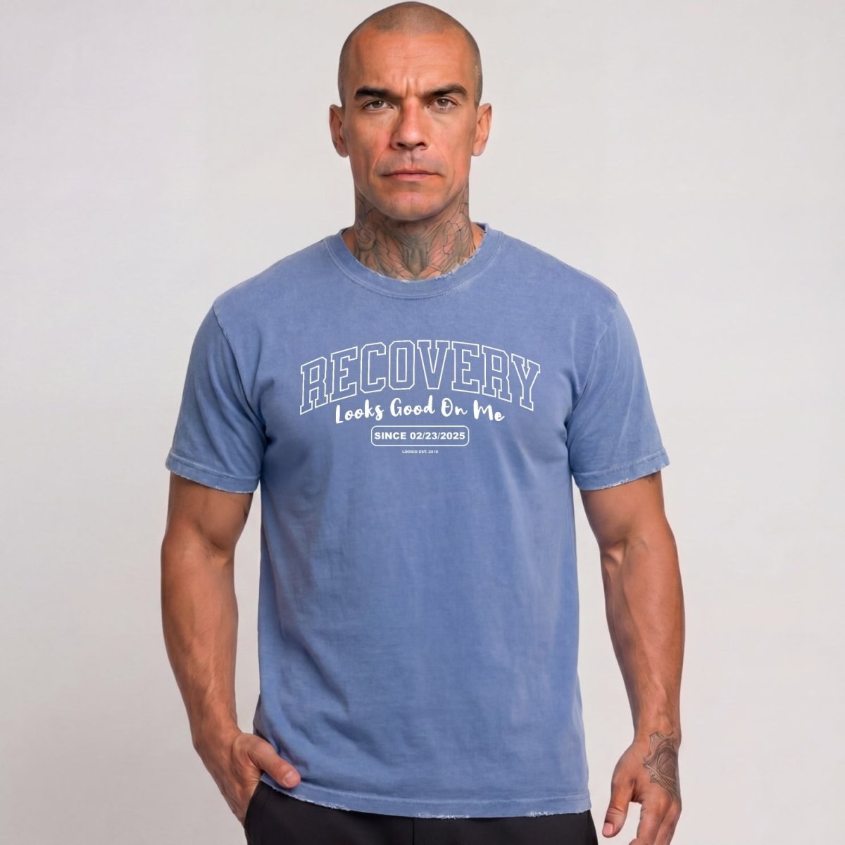 Recovery Looks Good On You Unisex garment dyed Sober T Shirt flat lay styled image (view 23)
