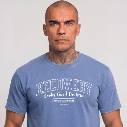 Recovery Looks Good On You Unisex garment dyed Sober T Shirt close-up view (view 22)