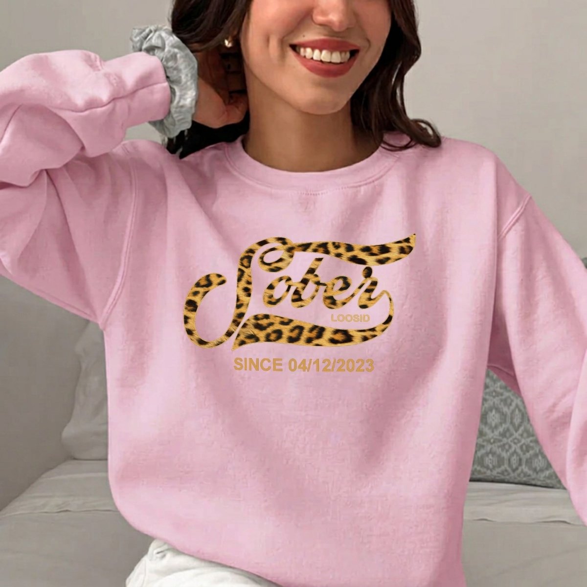 Leopard Sober Since Recovery Hoodie close-up view (view 2)