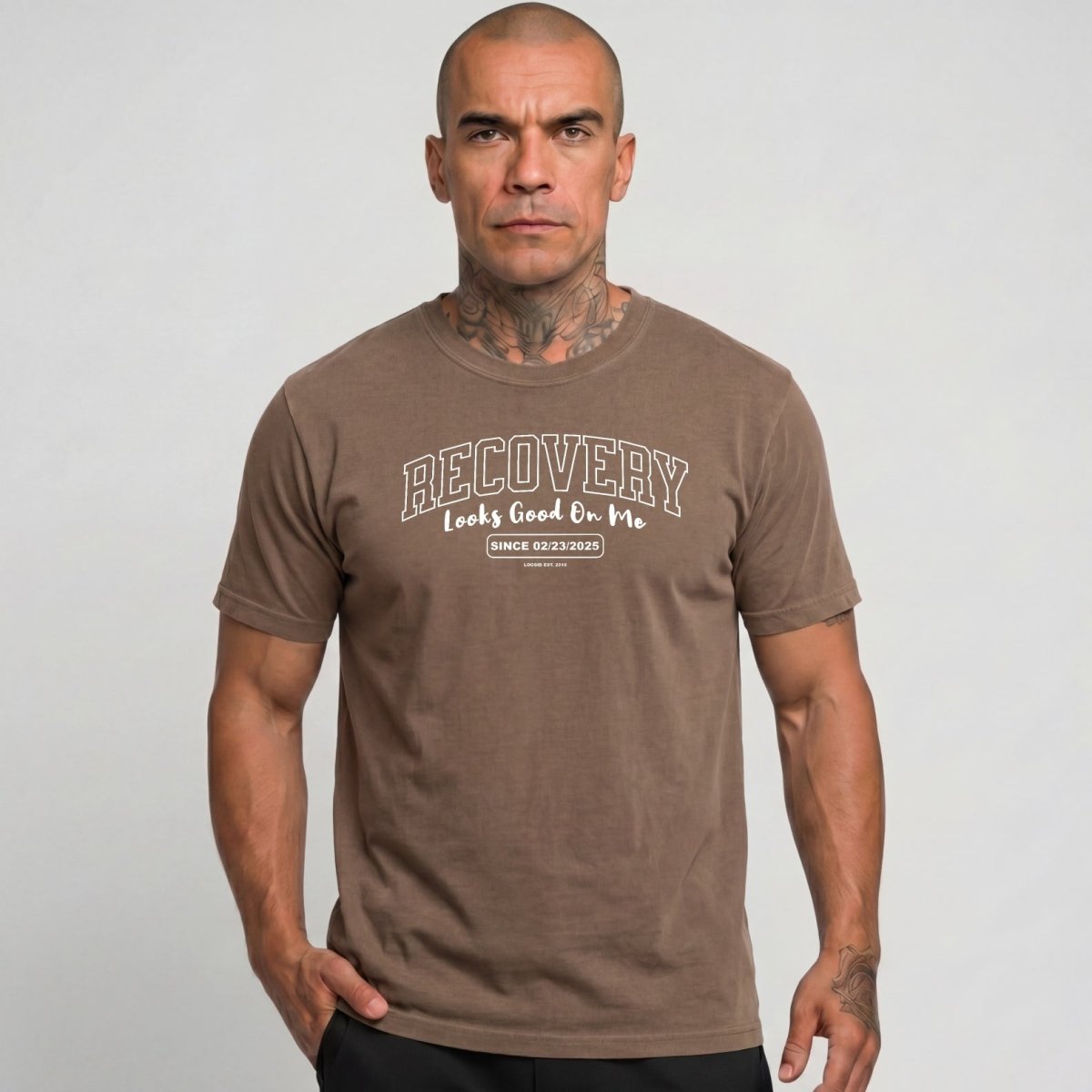 Recovery Looks Good On You Unisex garment dyed Sober T Shirt flat lay styled image (view 3)
