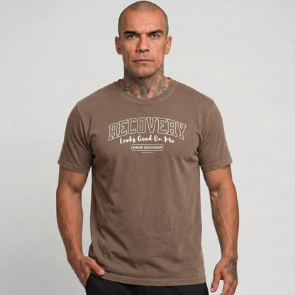 Recovery Looks Good On You Unisex garment dyed Sober T Shirt flat lay styled image (view 3)