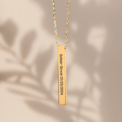 Sober Since 3D Bar Necklace w Personalized Sober Date and Message Sober Jewelry back view (view 7)