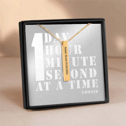 Sober Since 3D Bar Necklace w Personalized Sober Date and Message Sober Jewelry lifestyle view (view 5)