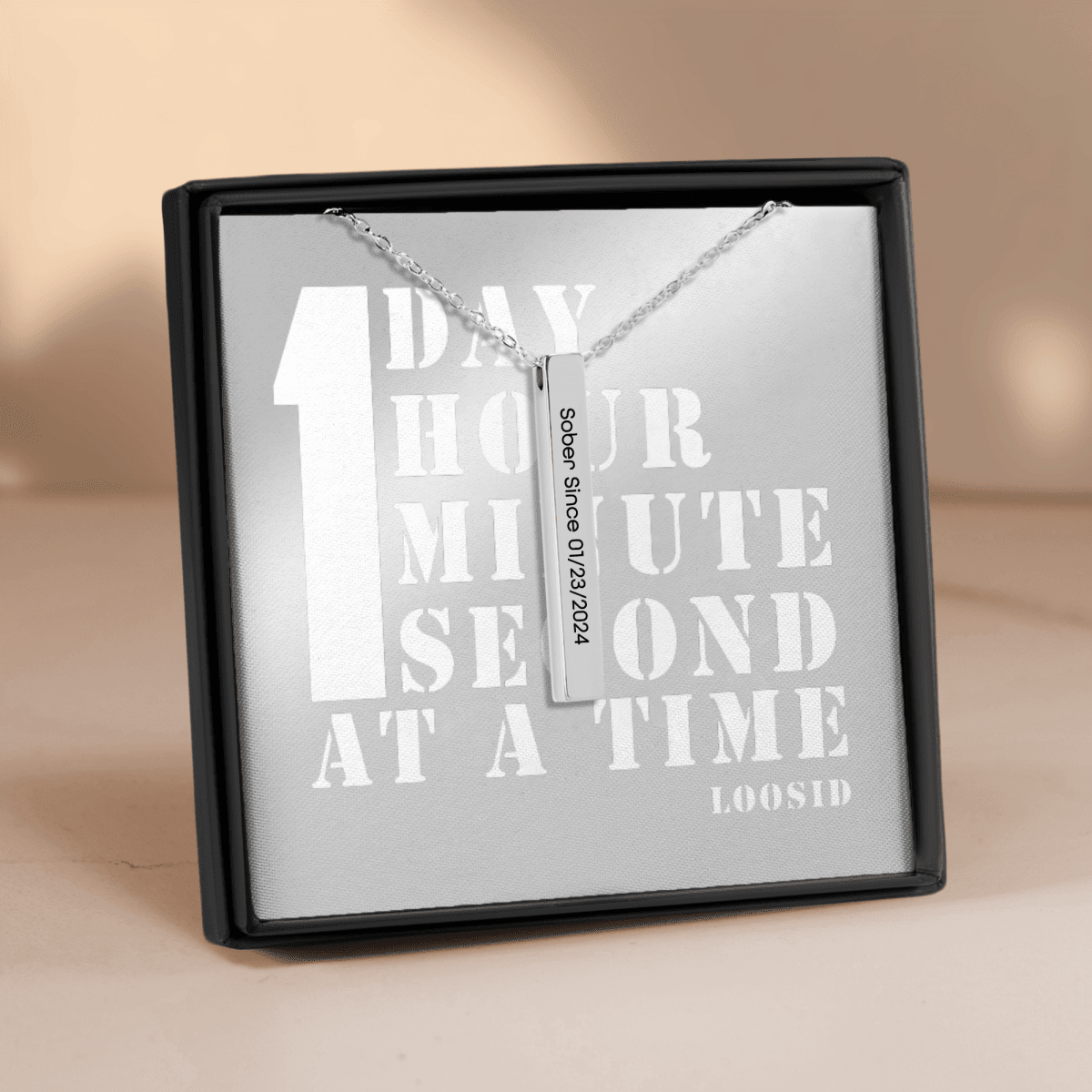 Loosid Sober Since 3D Bar Necklace w Personalized Sober Date and Message Sober Jewelry featuring the design