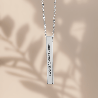 Sober Since 3D Bar Necklace w Personalized Sober Date and Message Sober Jewelry flat lay styled image (view 3)