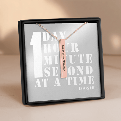 Sober Since 3D Bar Necklace w Personalized Sober Date and Message Sober Jewelry close-up view (view 12)
