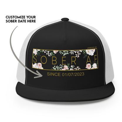 Sober AF Floral Trucker w Custom Date Sober Hat flat lay styled image (view 3)