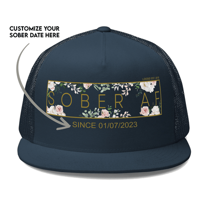 Sober AF Floral Trucker w Custom Date Sober Hat graphic detail (view 4)