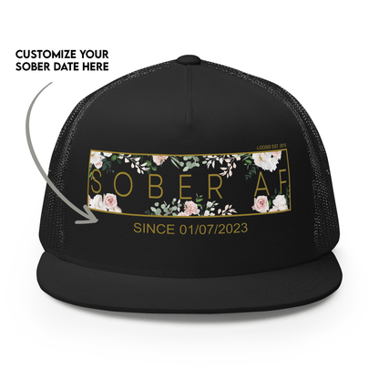 Sober AF Floral Trucker w Custom Date Sober Hat close-up view (view 2)