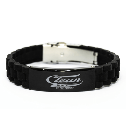 Clean Since Date Bracelet Custom Metal Engraved Sober Jewelry close-up view (view 2)