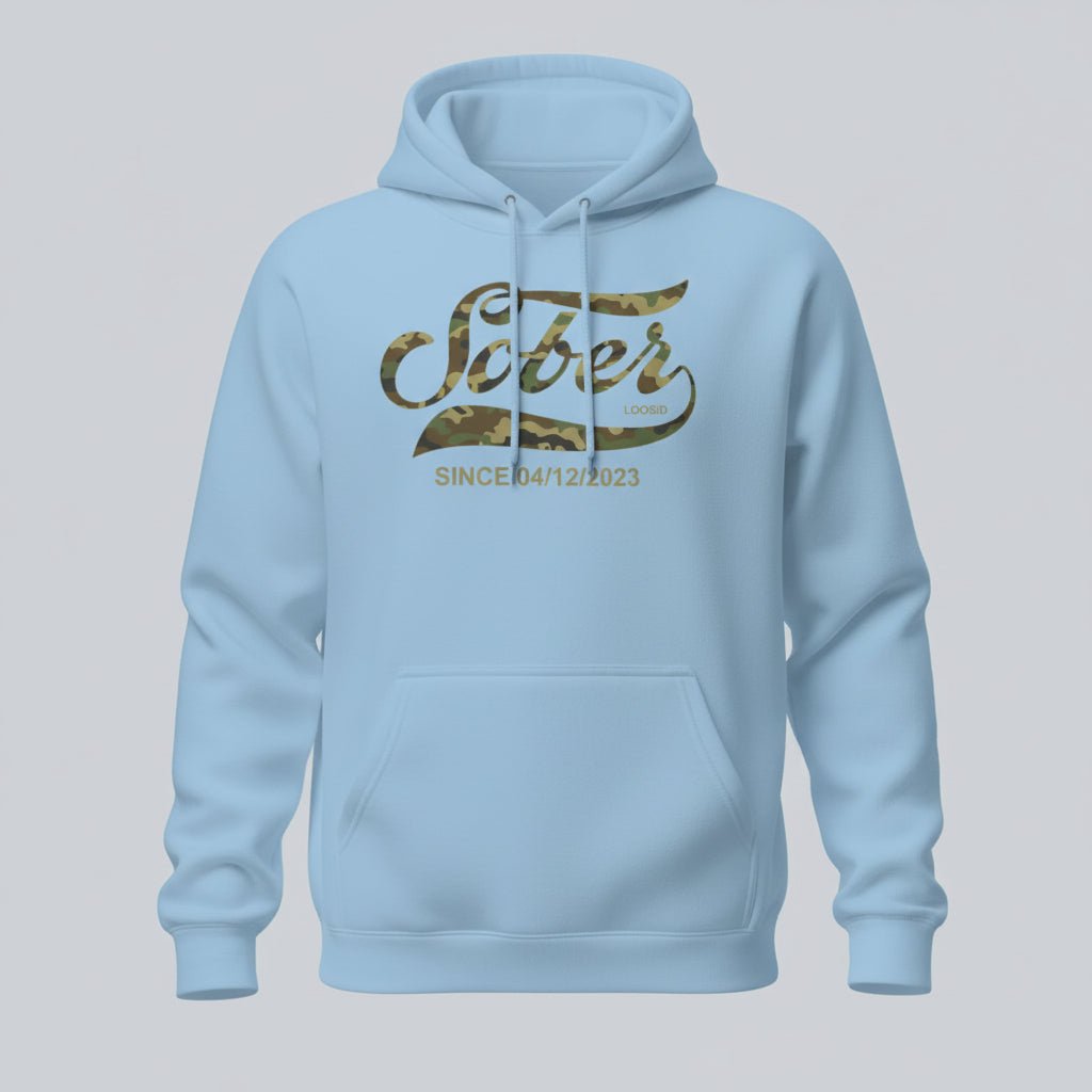 Sober Since Camo Recovery Hoodie flat lay styled image (view 33)