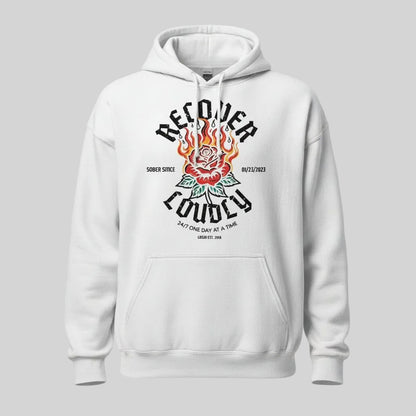 Recover Loudly Custom Sobriety Date Recovery Hoodie fit detail (view 29)