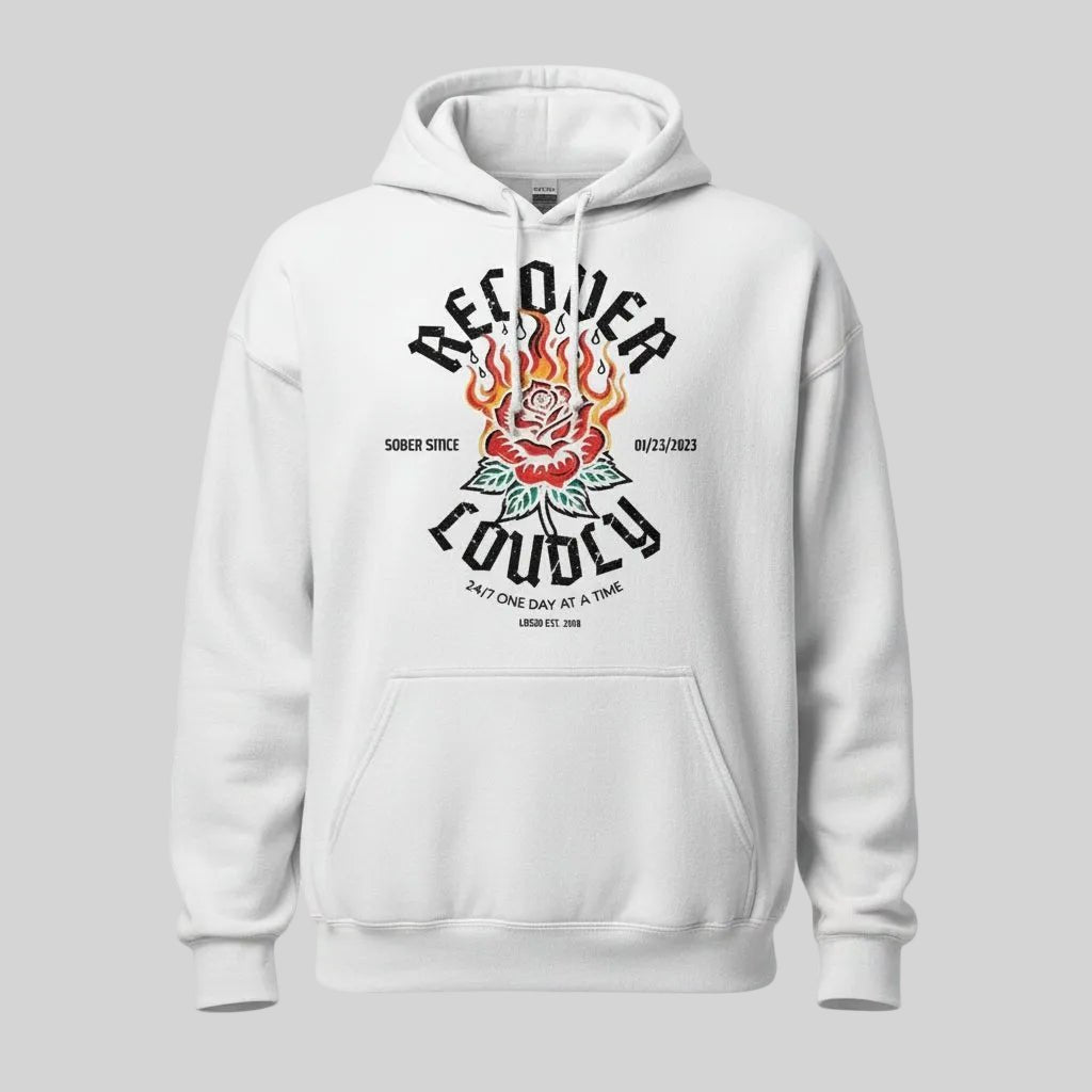 Recover Loudly Women's Custom Sobriety Date Recovery Hoodie flat lay styled image (view 43)