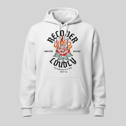 Recover Loudly Women's Custom Sobriety Date Recovery Hoodie flat lay styled image (view 43)