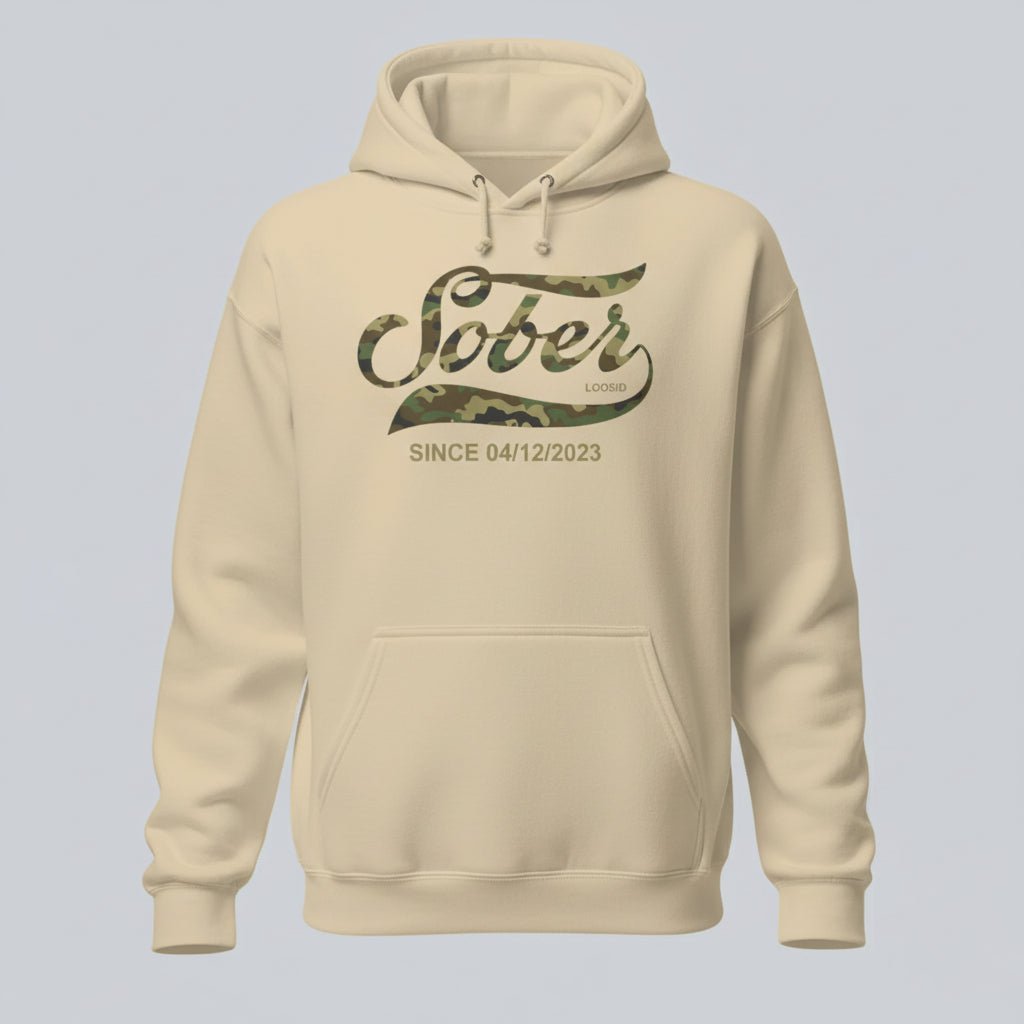 Sober Since Camo Recovery Hoodie flat lay styled image (view 23)