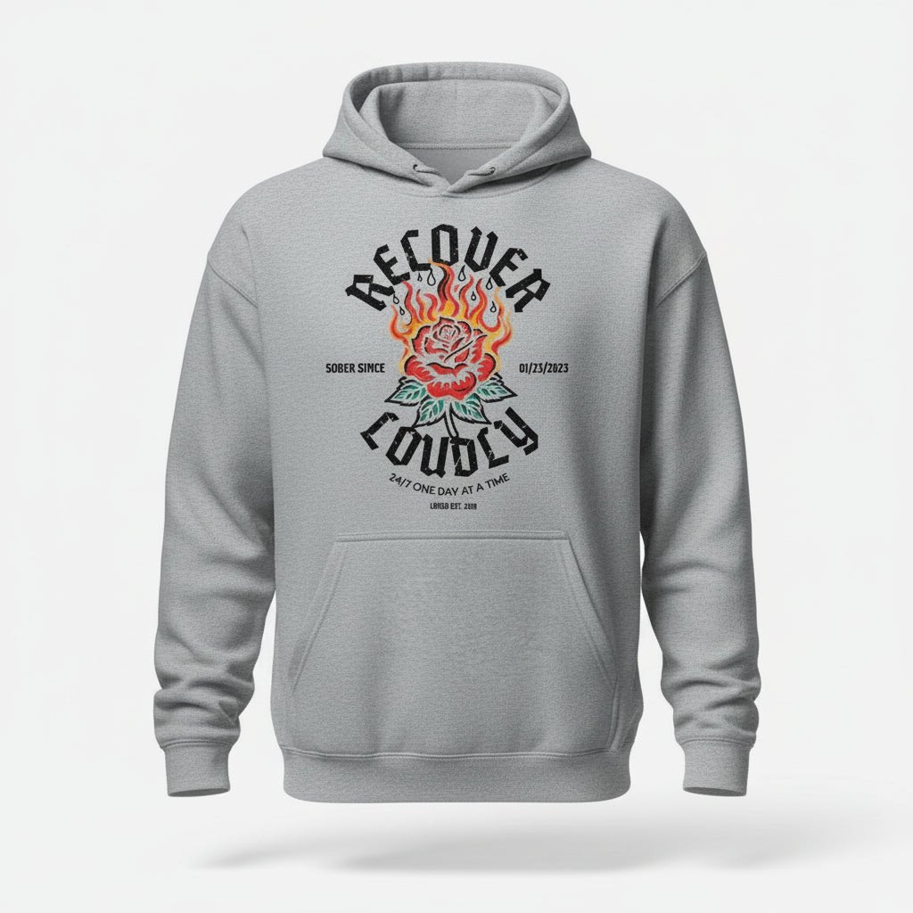 Recover Loudly Custom Sobriety Date Recovery Hoodie fit detail (view 9)