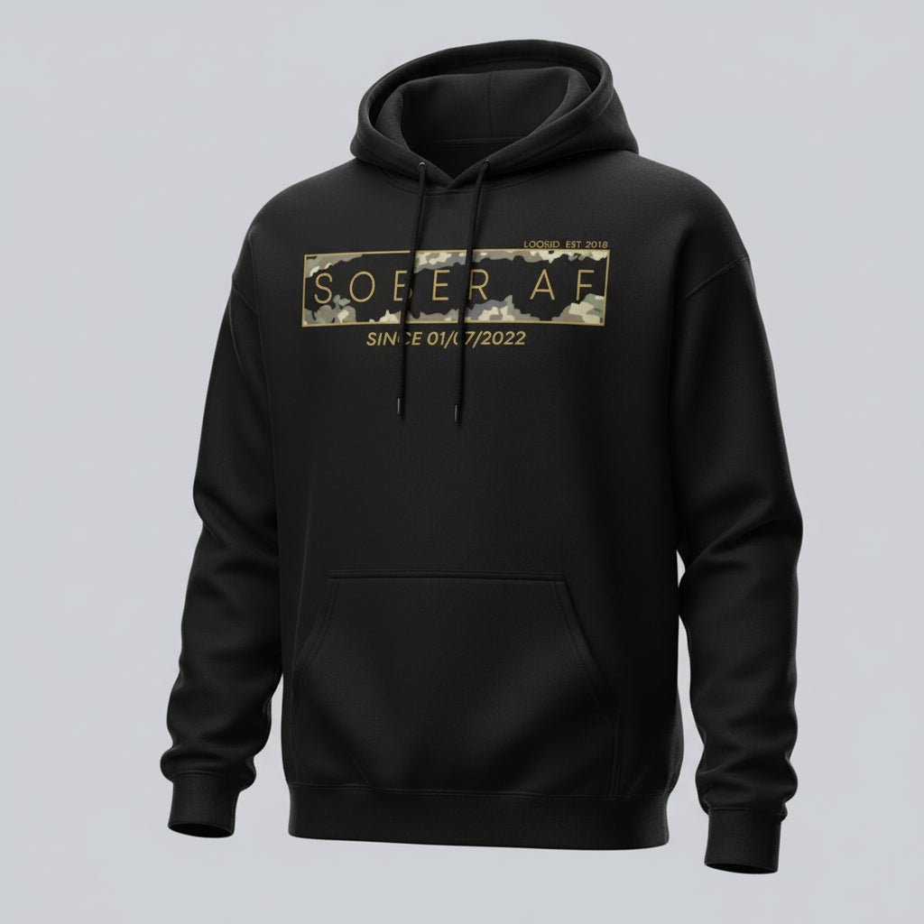 Sober AF Camo Recovery Hoodie graphic detail (view 4)