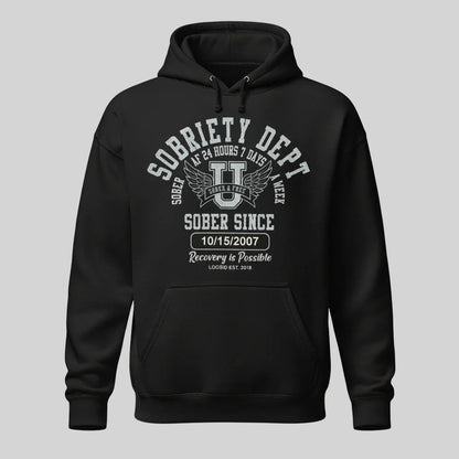 Sobriety Dept Recovery Hoodie flat lay styled image (view 3)