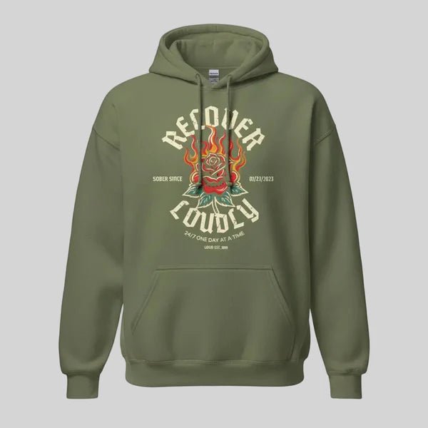Recover Loudly Custom Sobriety Date Recovery Hoodie flat lay styled image (view 23)