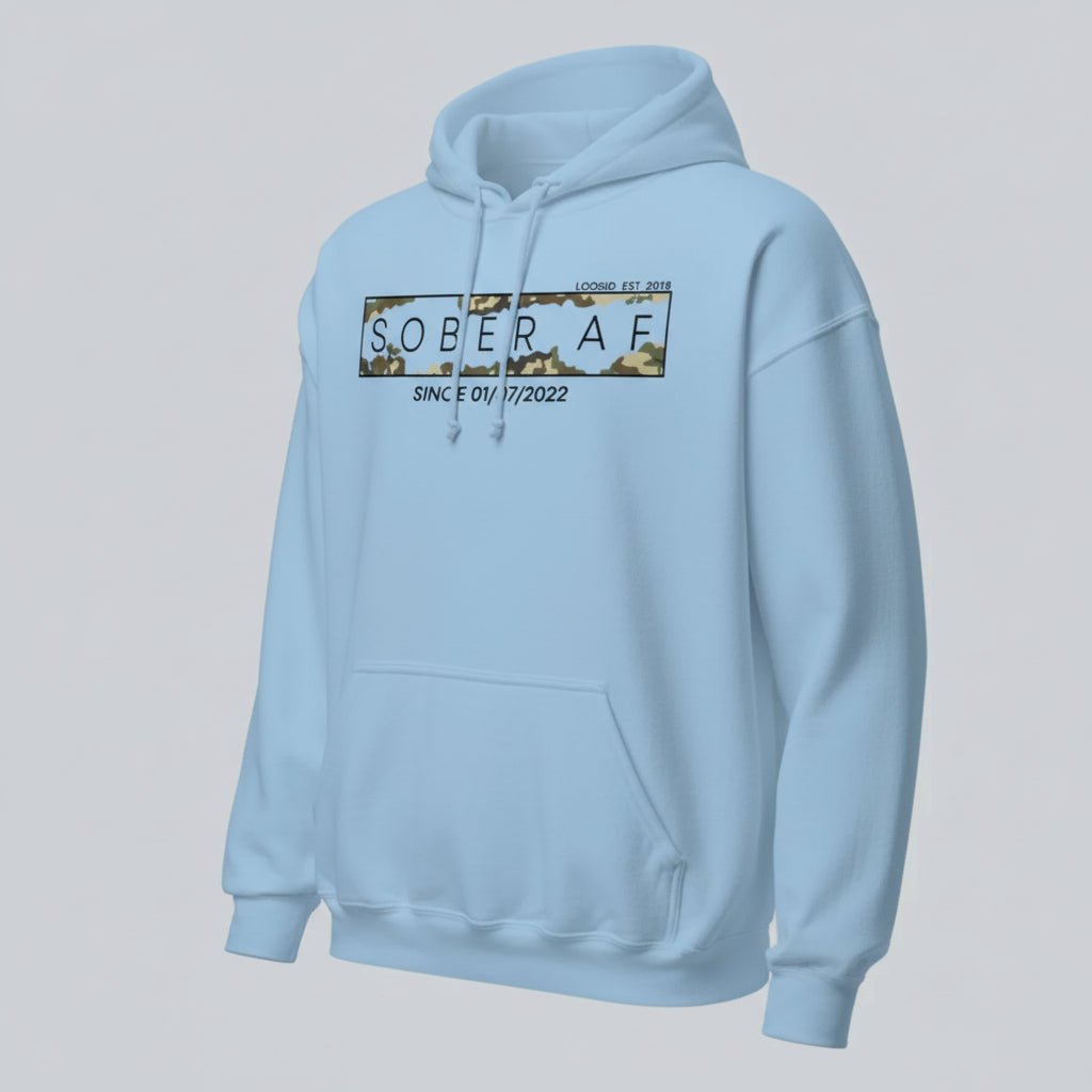 Sober AF Camo Recovery Hoodie lifestyle view (view 15)