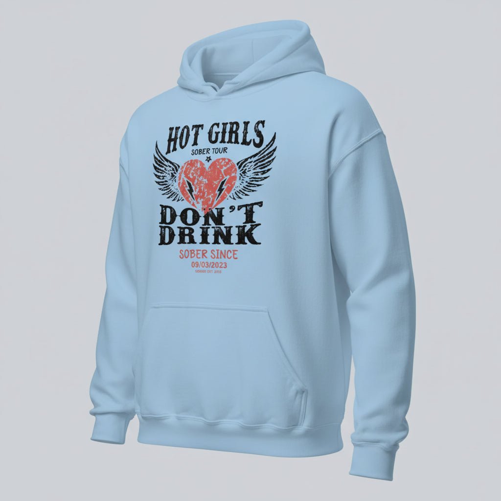 Hot Girls Don't Drink Custom Sobriety Date Recovery Hoodie graphic detail (view 4)