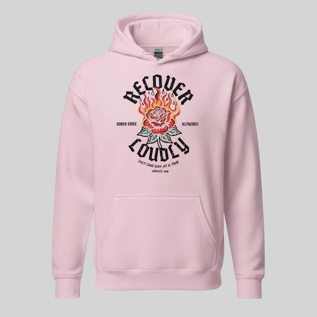Recover Loudly Women's Custom Sobriety Date Recovery Hoodie flat lay styled image (view 33)