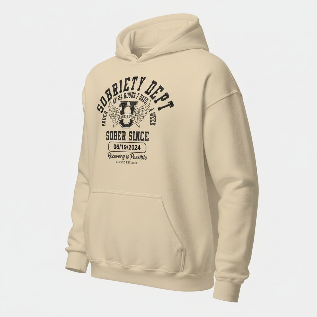 Sobriety Dept Recovery Hoodie lifestyle view (view 5)