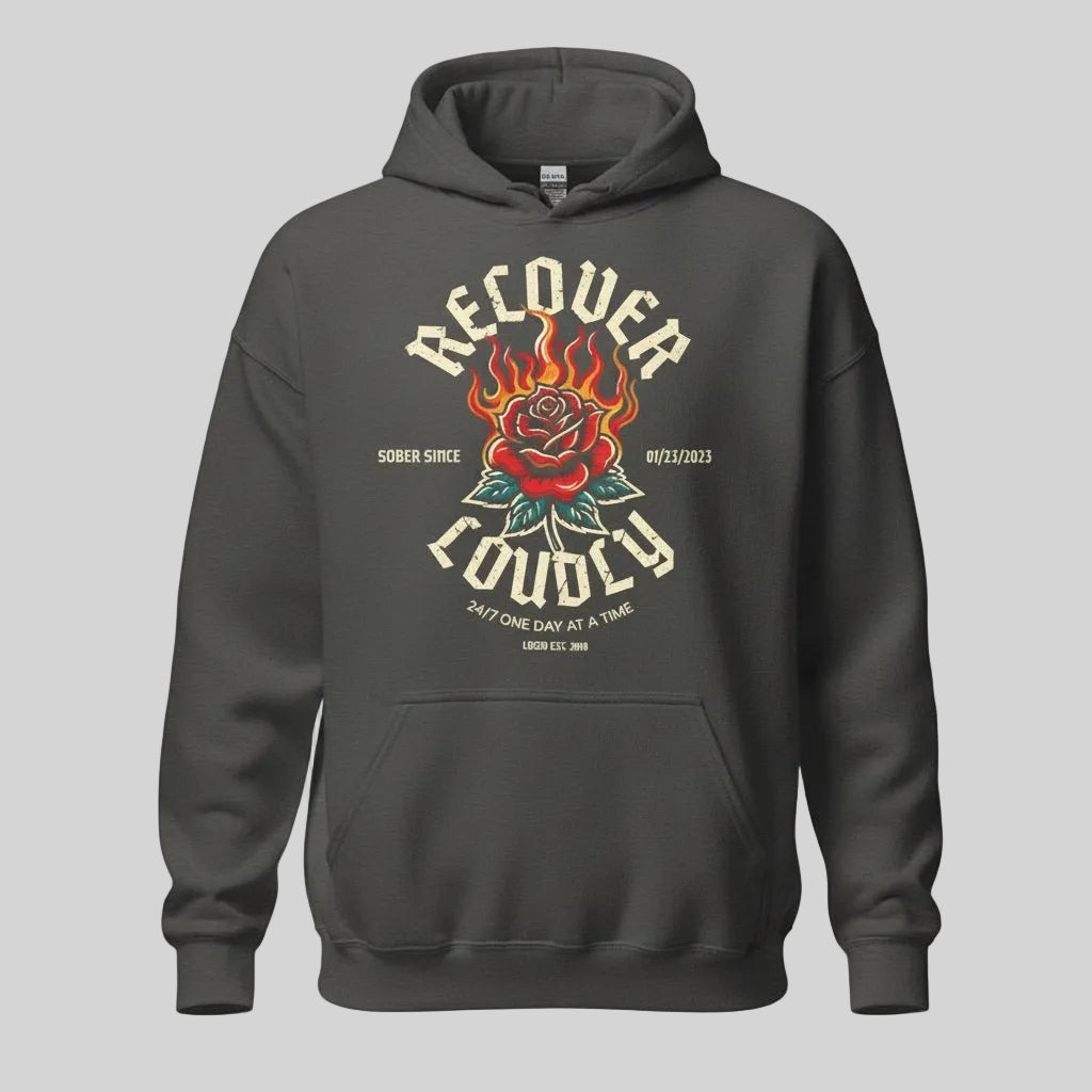 Recover Loudly Custom Sobriety Date Recovery Hoodie graphic detail (view 4)