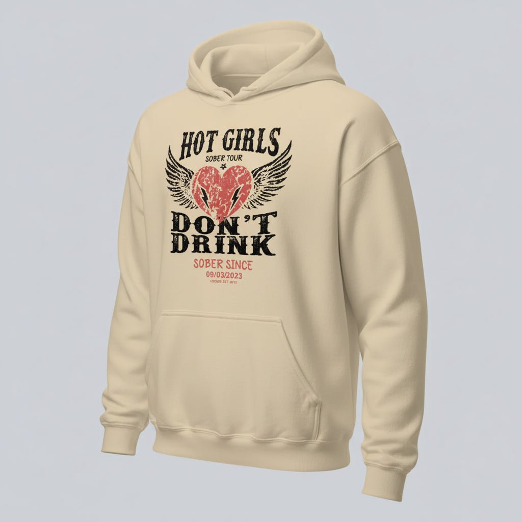 Hot Girls Don't Drink Custom Sobriety Date Recovery Hoodie close-up view (view 42)