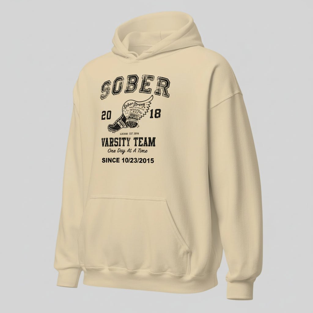 Sober Varsity Team Recovery Hoodie close-up view (view 32)