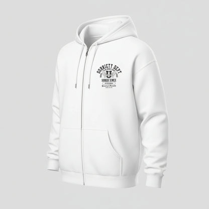 Sobriety Dept 24 7 Zip Recovery Hoodie flat lay styled image (view 23)
