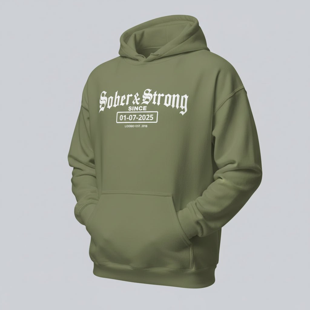 Old School Sober & Strong Recovery Hoodie lifestyle view (view 45)