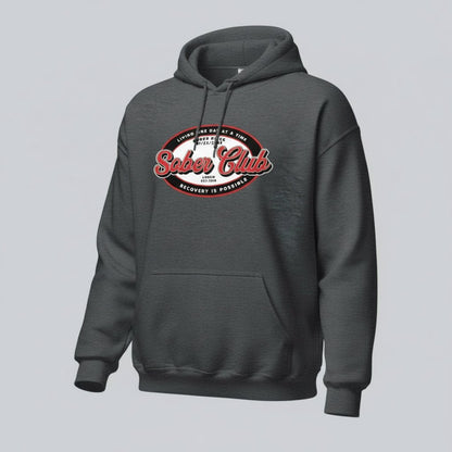 Sober Club Badge Recovery Hoodie flat lay styled image (view 13)