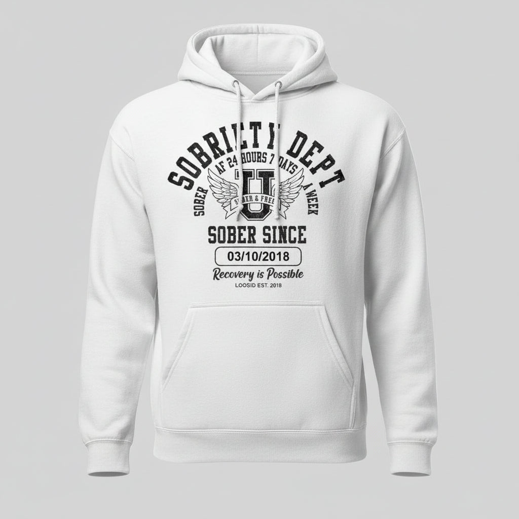 Sobriety Dept Recovery Hoodie fit detail (view 19)