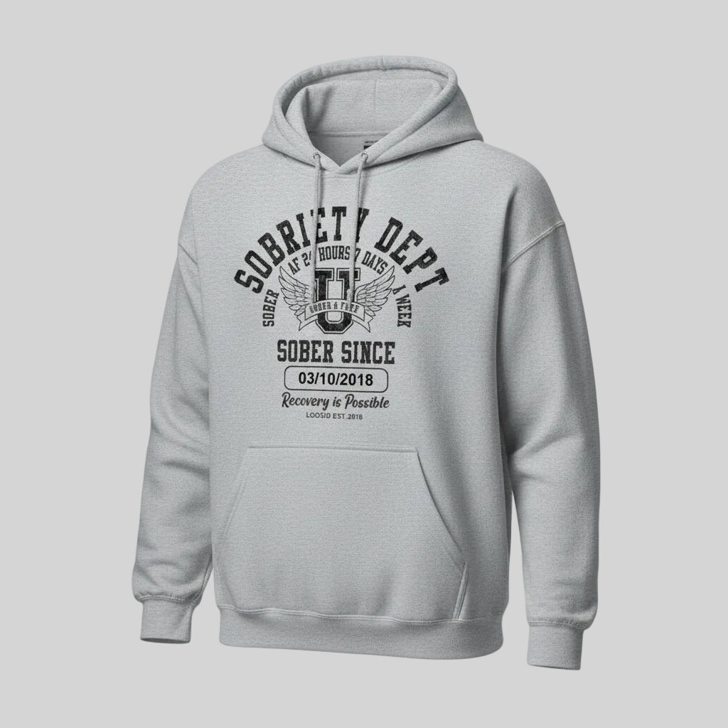 Sobriety Dept Recovery Hoodie flat lay styled image (view 23)